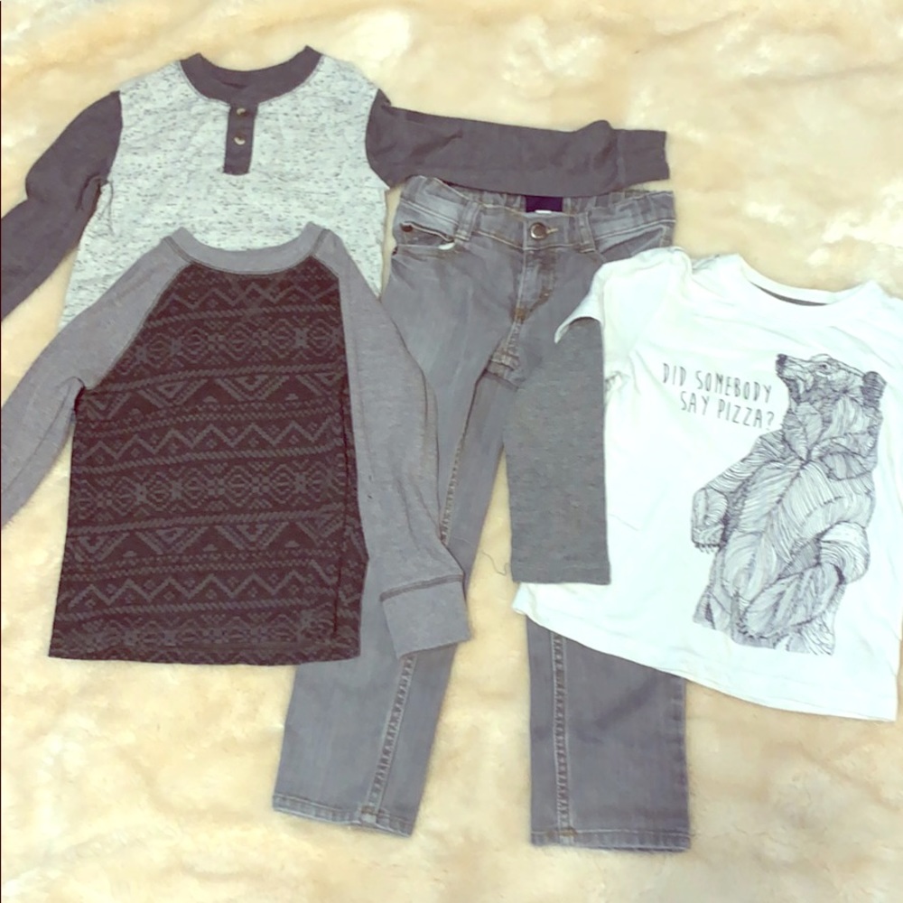 3 long sleeve tops w grey jeans